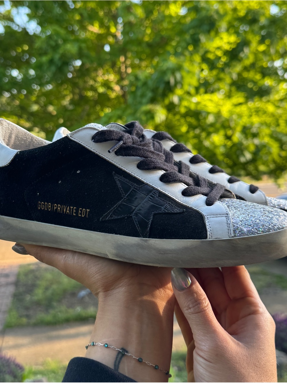Golden Goose Black Suede Sneakers with Silver Glitter Toe